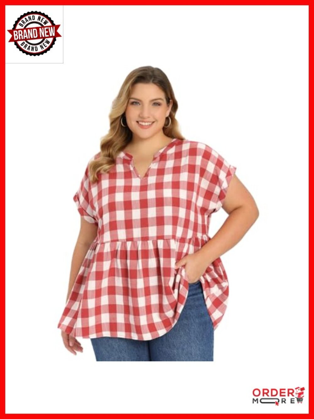 Gingham Notch V Neck Short Sleeve Babydoll Peplum Summer Top